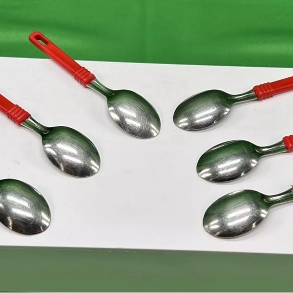 INOX 18/10 Lot Of 6 Expresso Spoons Demitasse Dessert Red Plastic Handle 5” - Picture 4 of 6